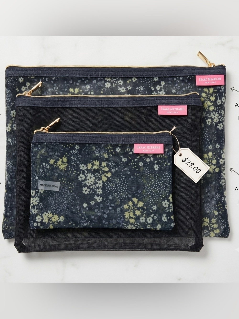 Isaac Mizrahi Navy Floral Mesh Zip Pouch Trio Gold Zippers 3pc travel makeup